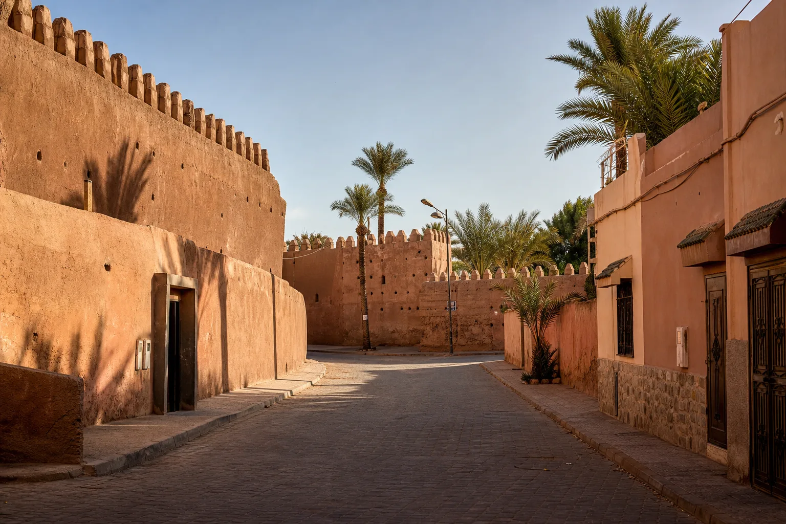 Rue ocre bordée de murs historiques et de maisons dans le quartier de la Kasbah à Marrakech