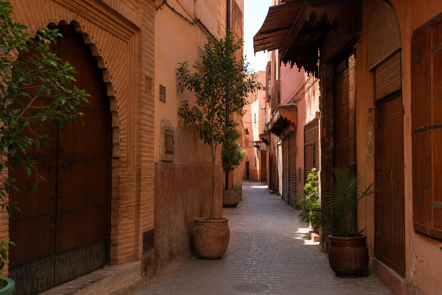 Passage historique aux façades ocres et portes en bois dans le quartier Mouassine à Marrakech