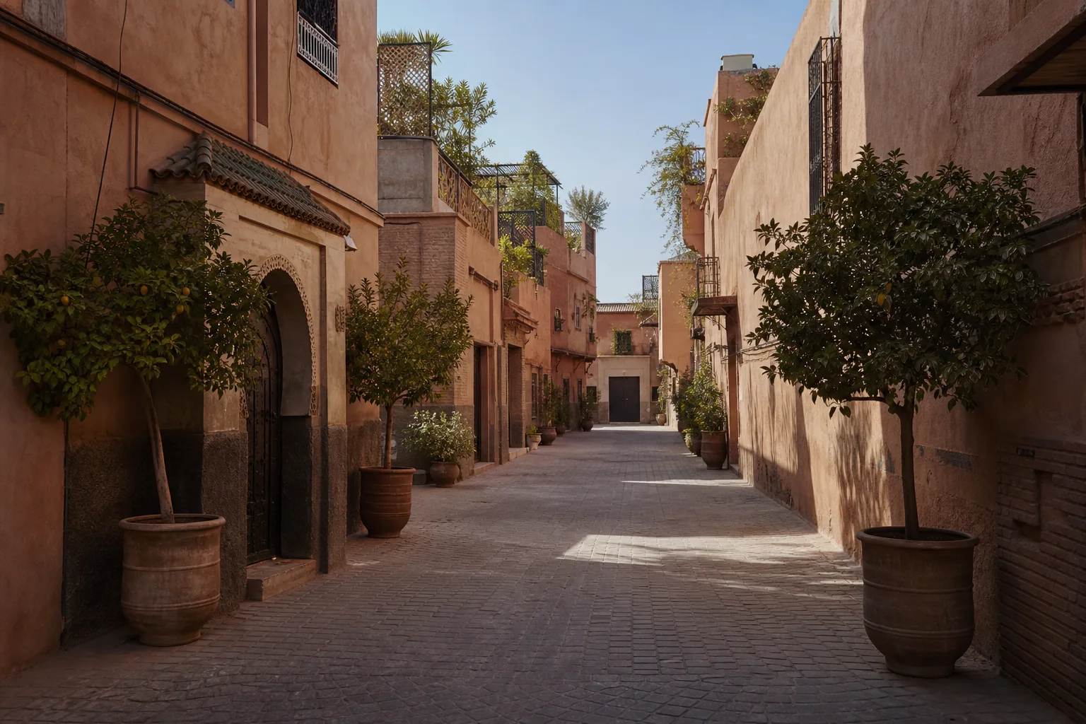 Rue traditionnelle avec agrumes en pots et maisons à patio dans le secteur Riad Zitoun à Marrakech